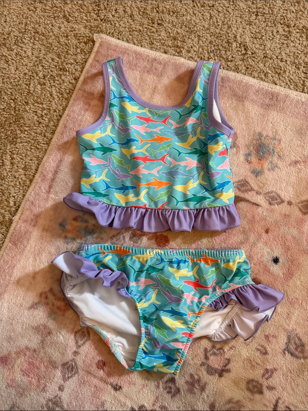 Girls' Aqua Shark Print Ruffle Two-Piece Swim Set with Purple Trim